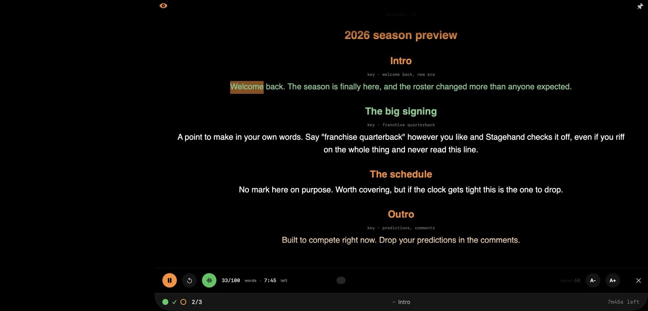 A Tellie script assembled with Stagehand marks: a must-cover heading, a key phrase line, and a minutes budget.