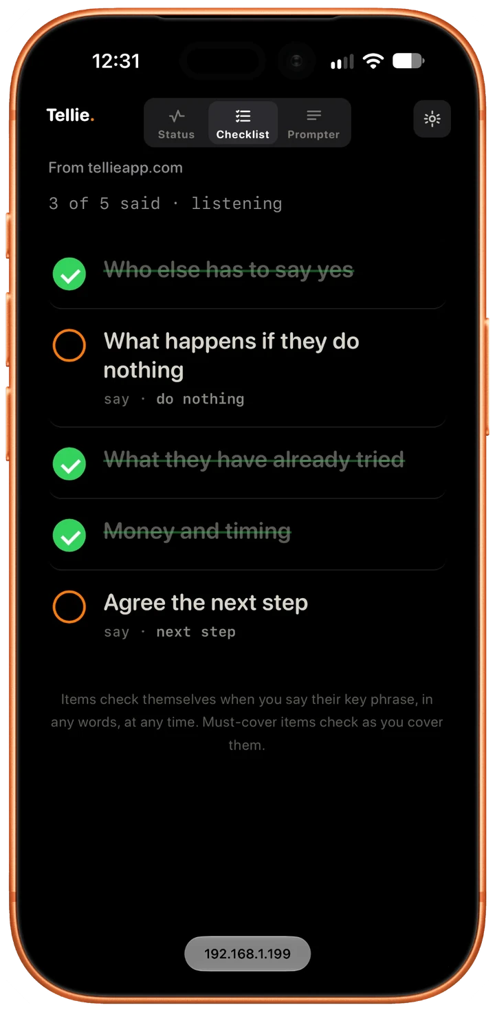 Companion's checklist on an iPhone: three of five points checked off, said out of order, two still to go.