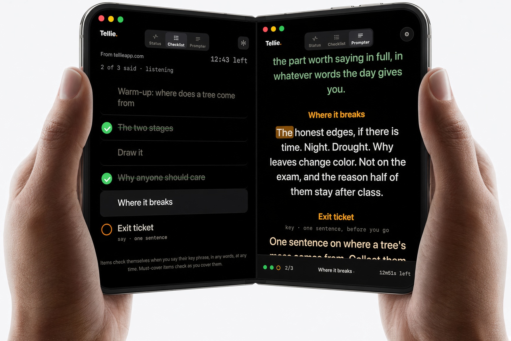 Tellie on a folding iPhone: a self-checking checklist on one screen, the voice-following prompter on the other, driven by the Mac over local Wi-Fi
