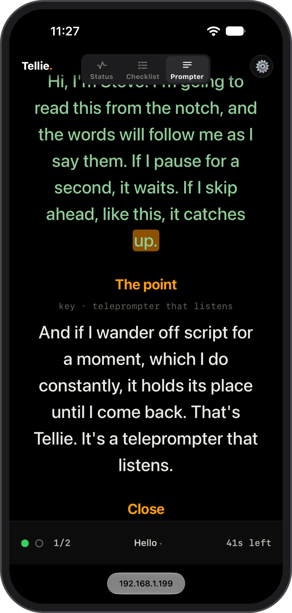 An iPhone showing Companion's prompter view: the words already said in green, the current word highlighted, the next point below, and the take clock in the footer.