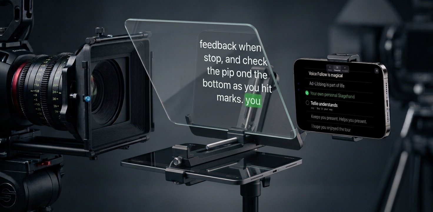 An iPhone on a beam-splitter rig next to a camera lens, showing a Tellie script driven by a Mac over local Wi-Fi.