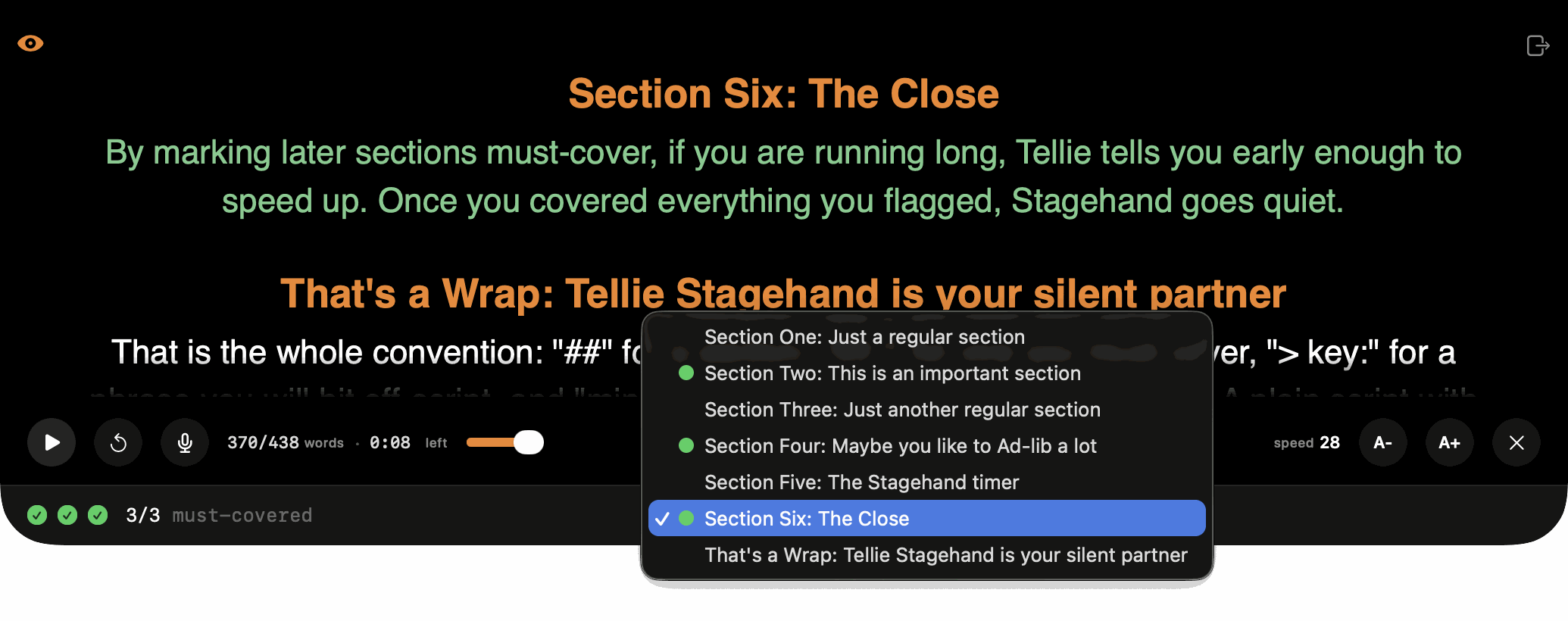 Tellie reading the starter script: the pop-up navigator lists all seven sections with a green dot beside each must-cover one, the current section checked and highlighted, the text of the covered section is green, and the chin shows 3 of 3 must-covered.