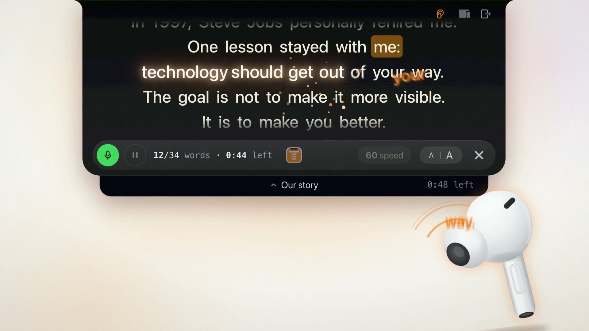 The Tellie prompter under the notch: the next words glow while an AirPod beside it says them.