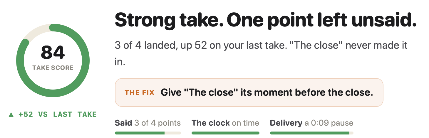Take score 84, up 52 on the last take. Strong take, one point left unsaid. The fix: give the close its moment before the close.