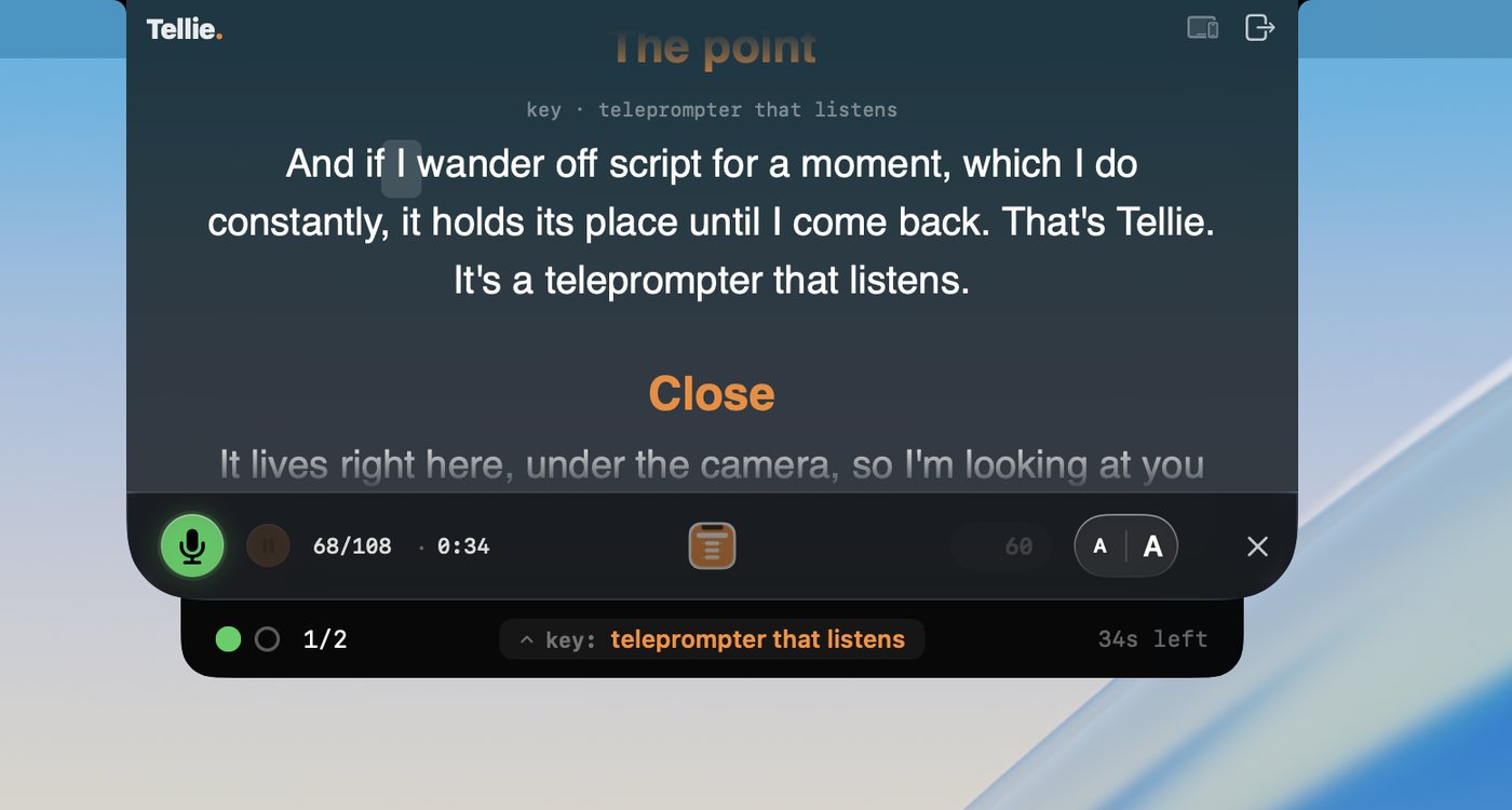 Tellie in the Mac notch holding its place while the speaker wanders off script, ready for the next line.