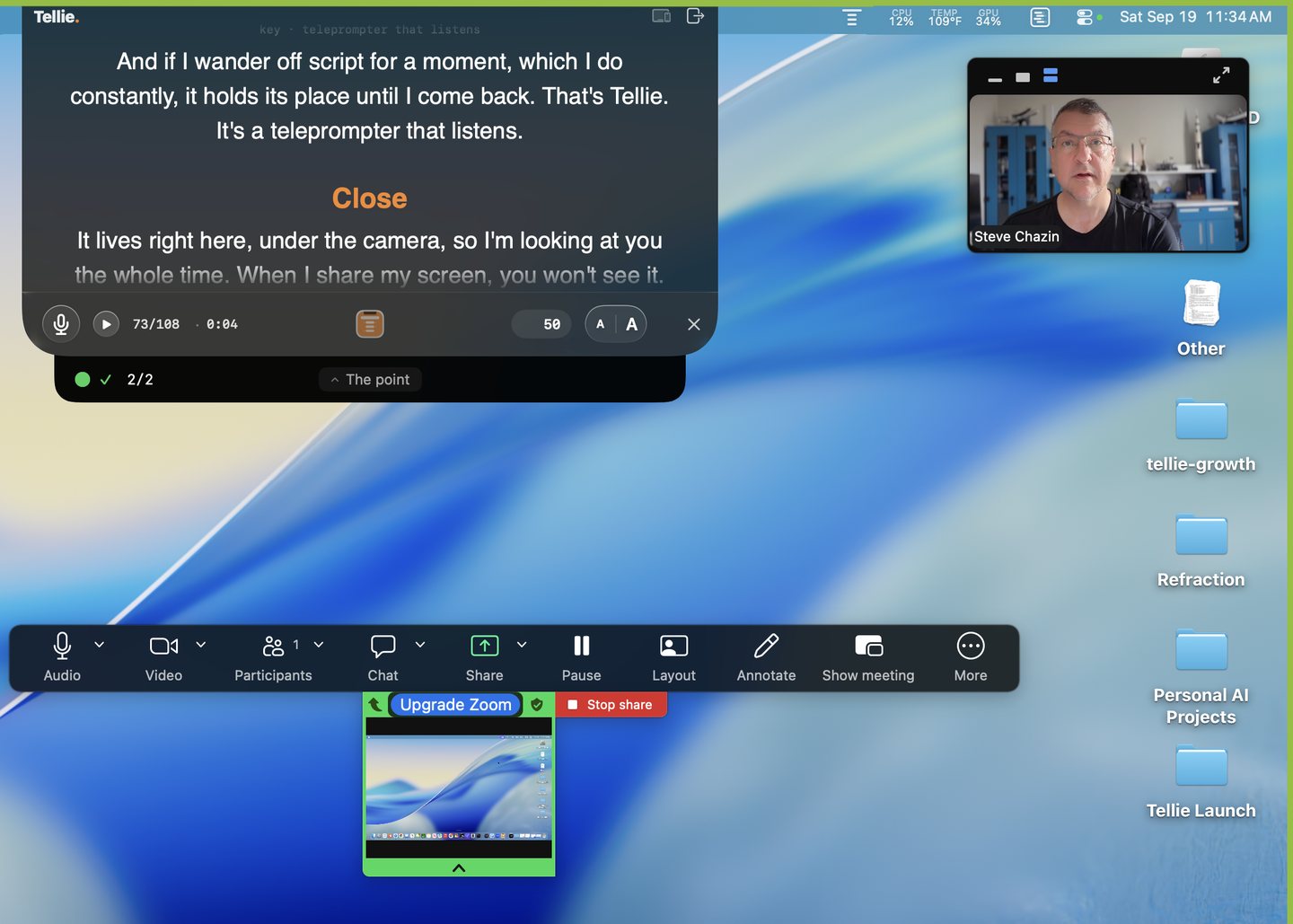 Tellie’s prompter in the Mac notch during a Zoom call, hidden from the shared screen and the other participants.